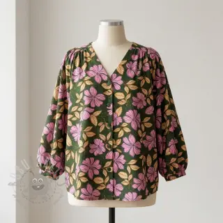 Katoenen stof SATIN Autumn flowers dark green