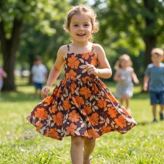 Katoenen stof SATIN Autumn flowers dark brown