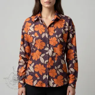 Katoenen stof SATIN Autumn flowers dark brown
