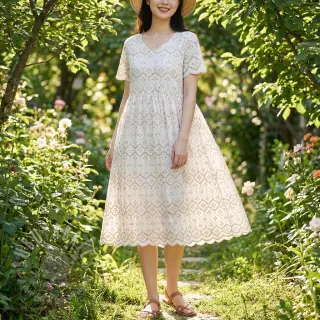Katoenen stof EMBROIDERY Lilian natural