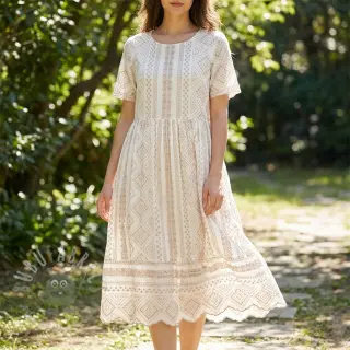Katoenen stof EMBROIDERY Lilian beige