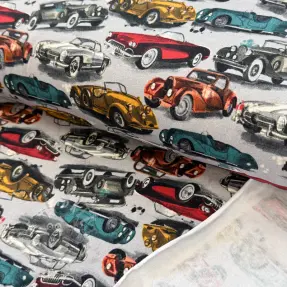 Teplákovina počesaná Old cars grey digital print
