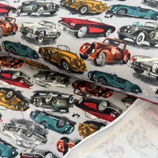 Geruwde sweaterstof Old cars grey digital print