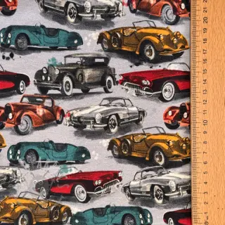 Geruwde sweaterstof Old cars grey digital print