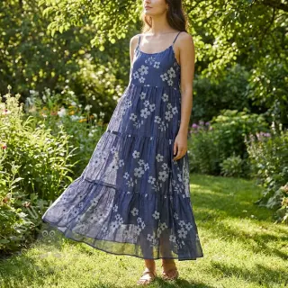 Katoenen stof JEANS Chambre LUXURY JACQUARD Flowers dark blue