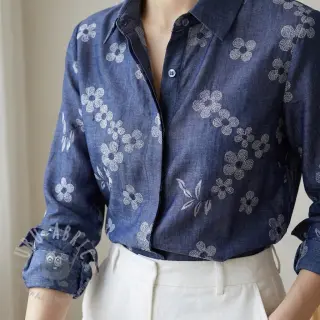 Katoenen stof JEANS Chambre LUXURY JACQUARD Flowers dark blue