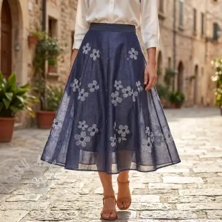Katoenen stof JEANS Chambre LUXURY JACQUARD Flowers dark blue