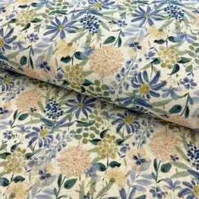 Tricot met linnen Flowers ecru blue digital print
