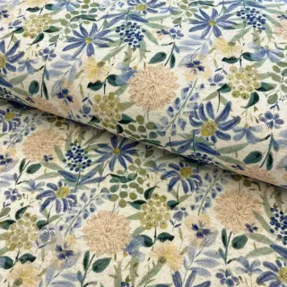 Tricot met linnen Flowers ecru blue digital print