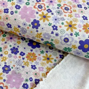 Geruwde sweaterstof Glitter flowers ecru melange