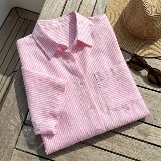 Linnen met katoen Stripe fuchsia