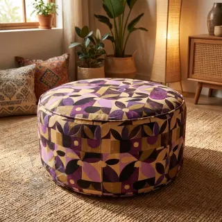 Decoratiestof SLUB Abstract flowie aubergine digital print