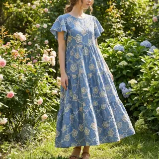 Katoenen stof JEANS EMBROIDERY Flora design D