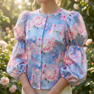 Katoenen stof SATIN STRETCH Peony roses