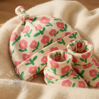 Tricot RIB JENNIFER BOURON Flowers natural pink ORGANIC