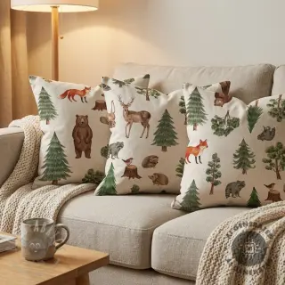 Decoratiestof Linenlook Wildwood animal scene digital print