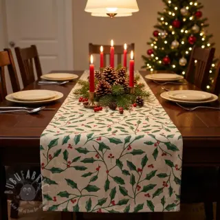 Decoratiestof Linenlook Holly branch Xmas