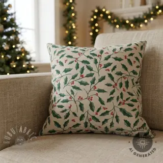 Decoratiestof Linenlook Holly branch Xmas