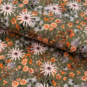 Geruwde sweaterstof Flowers forest green digital print
