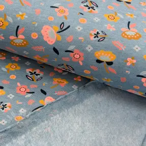 Geruwde sweaterstof Flowers smoke blue melange