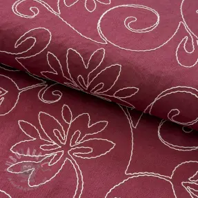 Viscose met linnen EMBROIDERY Flora burgundy