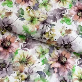 Linnen met katoen Peony roses RAMIE green digital print