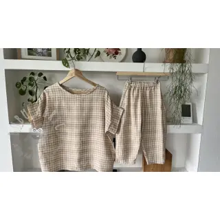 Dubbelgaas/mousseline Double sided CHECKS MINI beige
