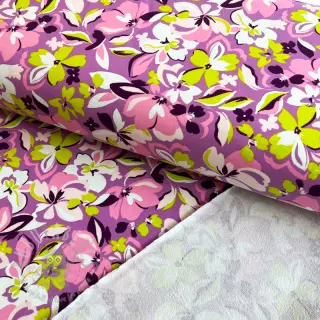 Sweaterstof Bright flowers design pink lime