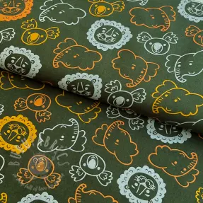 Katoenen stof Safari animals dark green