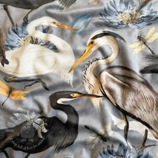 Decoratiestof VELVET Heron bird steel grey