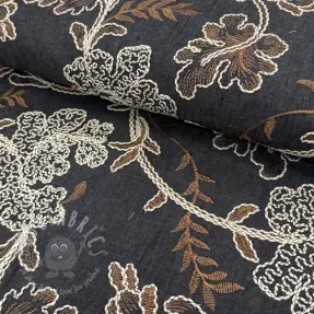 Bavlnená látka JEANS Embroidery leaves black