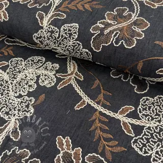 Bavlnená látka JEANS Embroidery leaves black