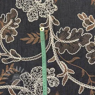 Katoenen stof JEANS Embroidery leaves black