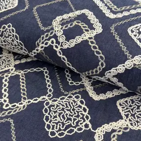 Bavlnená látka JEANS EMBROIDERY Square dark blue