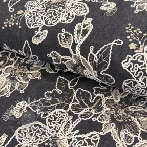 Katoenen stof JEANS EMBROIDERY Bouquet black