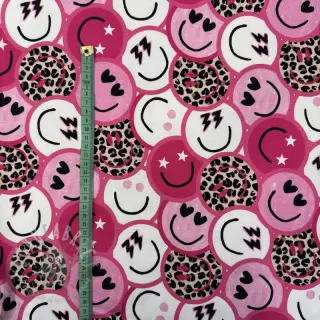 Sweaterstof Happy faces pink digital print