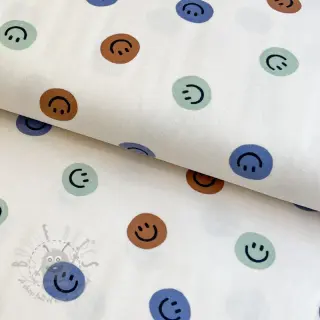 Katoenen stof FLANNEL Happy faces off white green