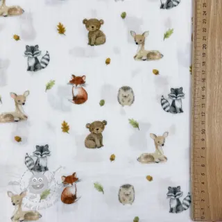 Dubbelgaas/mousseline Forest animals white digital print
