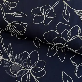 Viskóza s ľanom EMBROIDERY Flower Danielle navy
