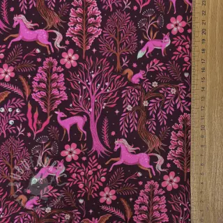 Sweaterstof Forest animals bordeaux digital print