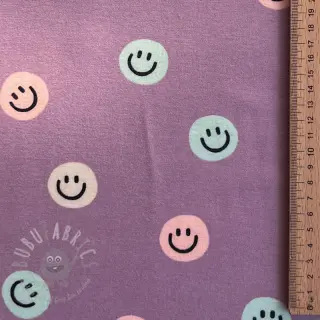 Katoenen stof FLANNEL Happy faces lavender