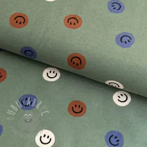 Katoenen stof FLANNEL Happy faces army green