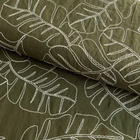Viskóza s ľanom EMBROIDERY Leaves forest green