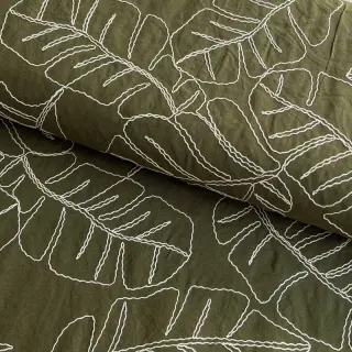 Viskóza s ľanom EMBROIDERY Leaves forest green