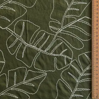 Viskóza s ľanom EMBROIDERY Leaves forest green