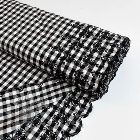 Katoenen stof Checks black white 1-side border