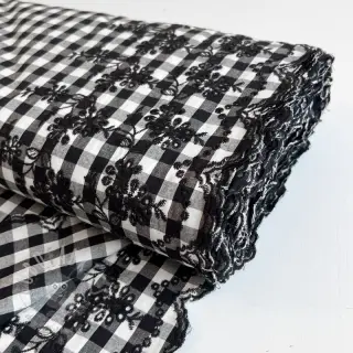 Katoenen stof Checks black white 1-side border