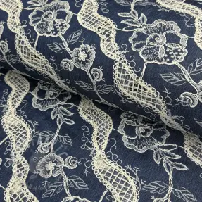 Katoenen stof JEANS EMBROIDERY Flora design En